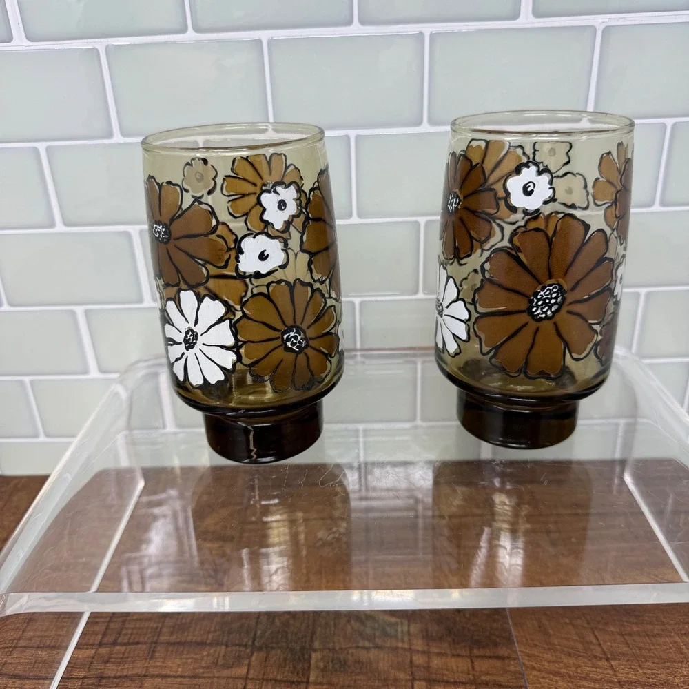 Vintage 1970s Libbey Camellia Tawny Glass Floral Tumblers - Set of 2